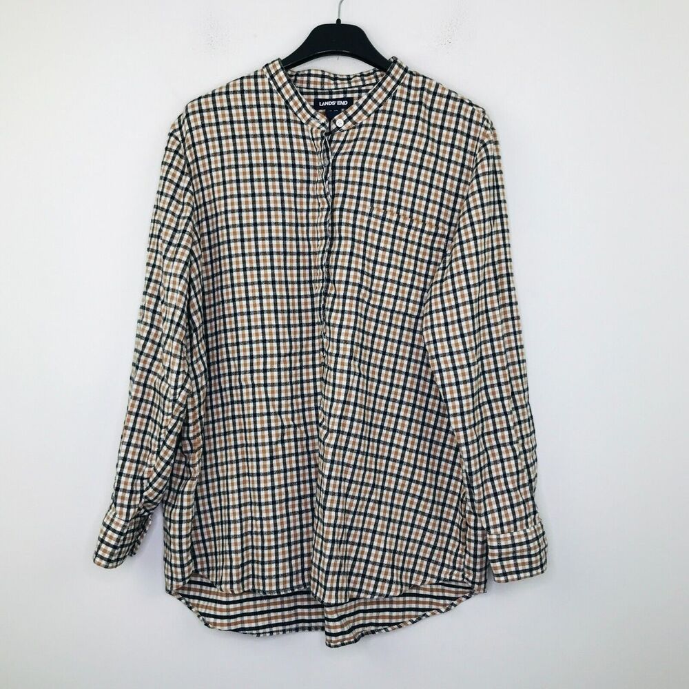 Lands End Women's XLP Tunic Top Multicolor Check High Neck Flannel Popover CN8